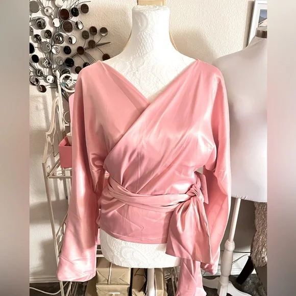 Blush Pink Satin Wrap Blouse with Bow & Brooch – Elegant Off-Shoulder Top - Picture 10 of 11